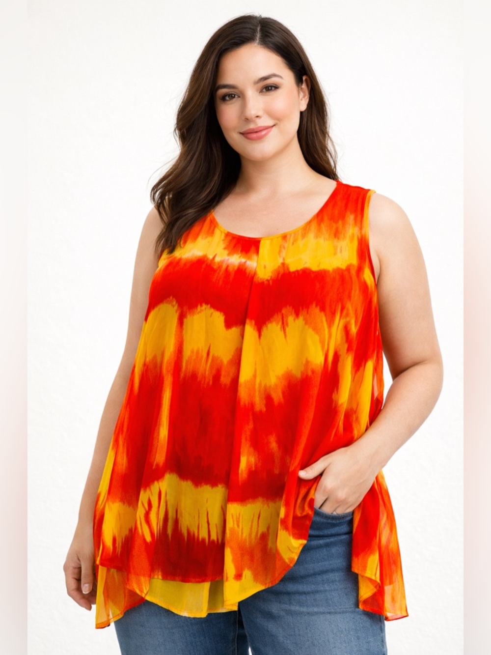 new directions Red and Yellow Tie-Dye Sleeveless Blouse